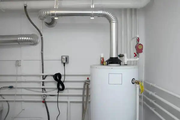 water heater in white basement